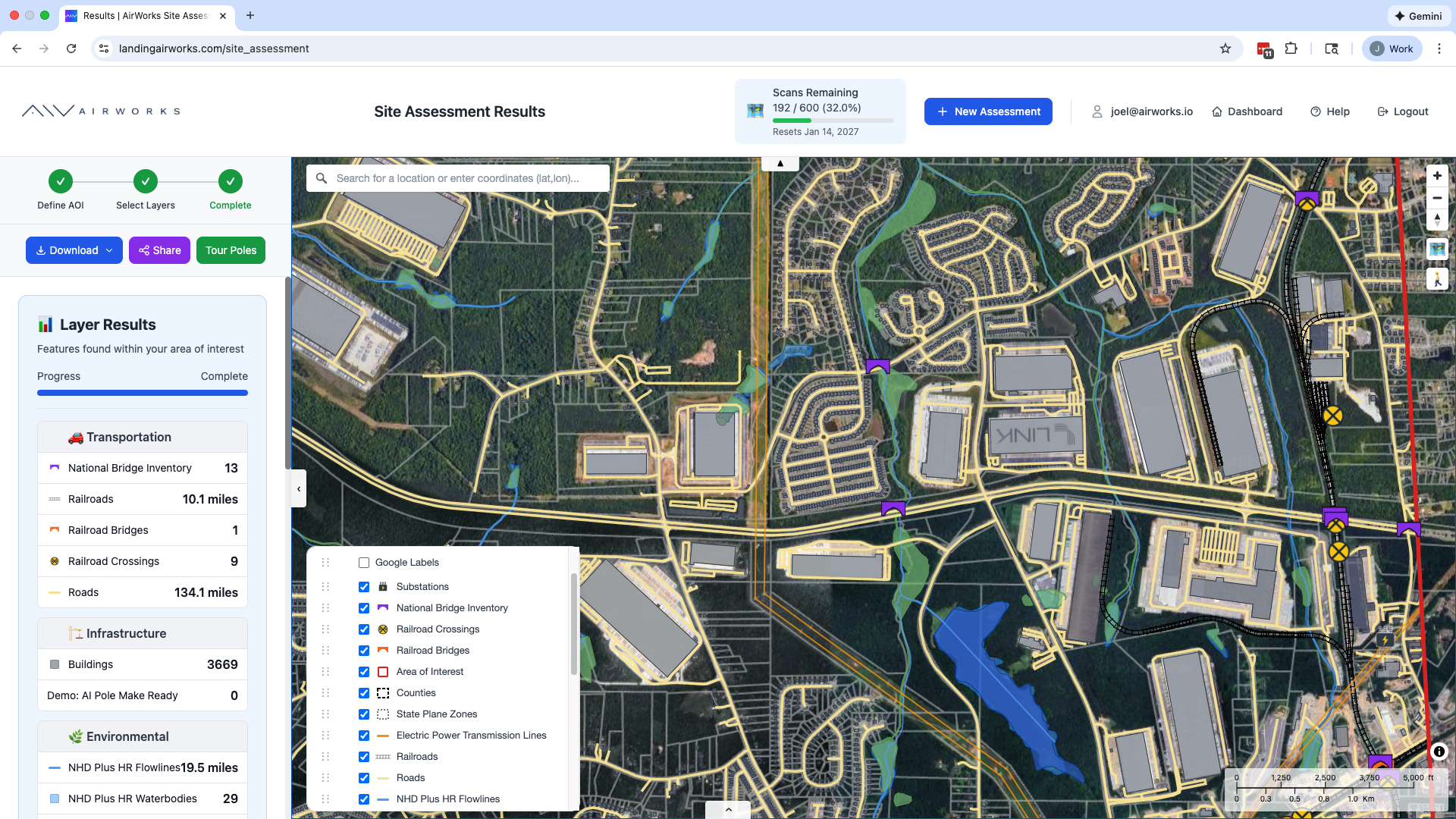 Site Assessment Results showing layer data, satellite map with infrastructure overlays, and route analysis